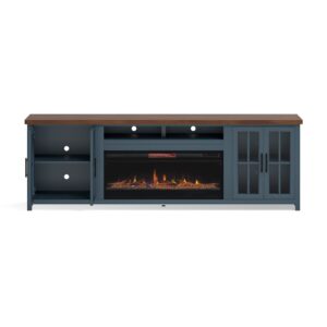 Bridgevine Home Nantucket Modern Farmhouse Fireplace TV Console, 97 Inches, Accommodates TVs up to 100 inches, Fully Assembled, Poplar Solid Wood, Blue Denim and Whiskey Finish