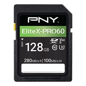 pny 128gb elitex-pro60 uhs-ii sdxc memory card - r280mb/s w100mb/s, u3, v60, 4k uhd, full hd, uhs-ii for professional photographers & content creators, dslr mirrorless cameras, advanced video cameras