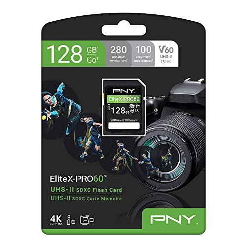 PNY 128GB EliteX-PRO60 UHS-II SDXC Memory Card - R280MB/s W100MB/s, U3, V60, 4K UHD, Full HD, UHS-II for Professional Photographers & Content Creators, DSLR Mirrorless Cameras, Advanced Video Cameras