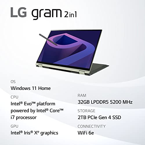 LG gram (2022) 16T90Q 2-in-1 Tablet Laptop, 16" (2560 x 1600) IPS Display, Intel Evo 12th Gen i7 1260P Processor, 32GB LPDDR5, 2TB NVMe SSD, FHD Webcam, WiFi 6E, Thunderbolt 4, Windows 11, Green