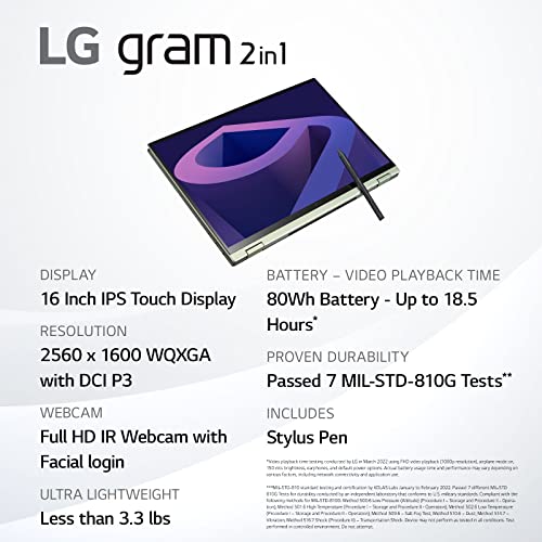 LG gram (2022) 16T90Q 2-in-1 Tablet Laptop, 16" (2560 x 1600) IPS Display, Intel Evo 12th Gen i7 1260P Processor, 32GB LPDDR5, 2TB NVMe SSD, FHD Webcam, WiFi 6E, Thunderbolt 4, Windows 11, Green