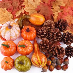 toonshare fall decor mini 8 fake pumpkins with 30 artificial maple leaves 2 pinecones 10 acorns for autumn thanksgiving festival harvest farmhouse tiered tray ornaments (50 pieces)