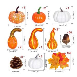 Toonshare Fall Decor Mini 8 Fake Pumpkins with 30 Artificial Maple Leaves 2 Pinecones 10 Acorns for Autumn Thanksgiving Festival Harvest Farmhouse Tiered Tray Ornaments (50 Pieces)