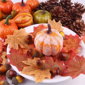 Toonshare Fall Decor Mini 8 Fake Pumpkins with 30 Artificial Maple Leaves 2 Pinecones 10 Acorns for Autumn Thanksgiving Festival Harvest Farmhouse Tiered Tray Ornaments (50 Pieces)