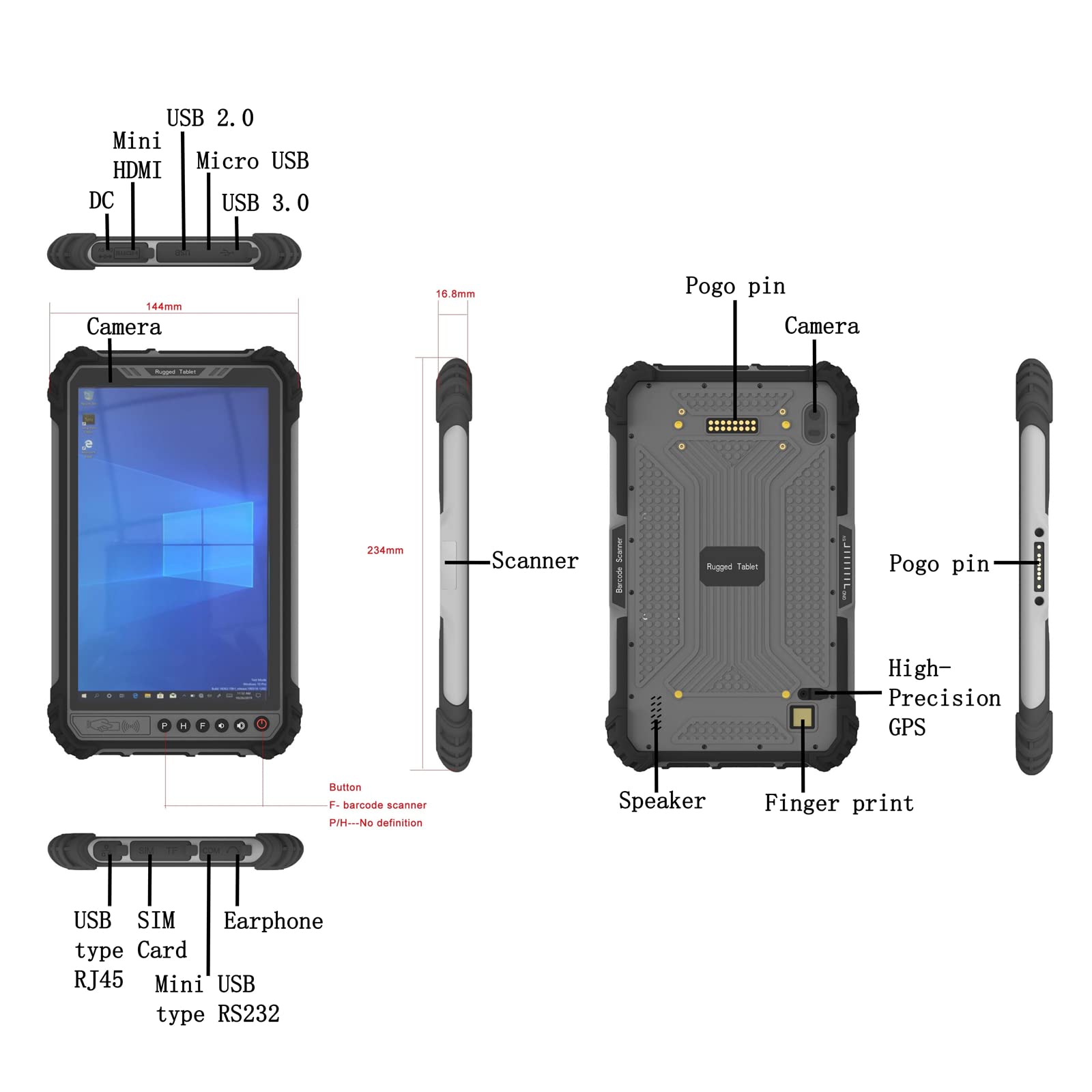 Sincoole 8-inch Windows Rugged Tablet,RAM/ROM 4GB+64GB,Black