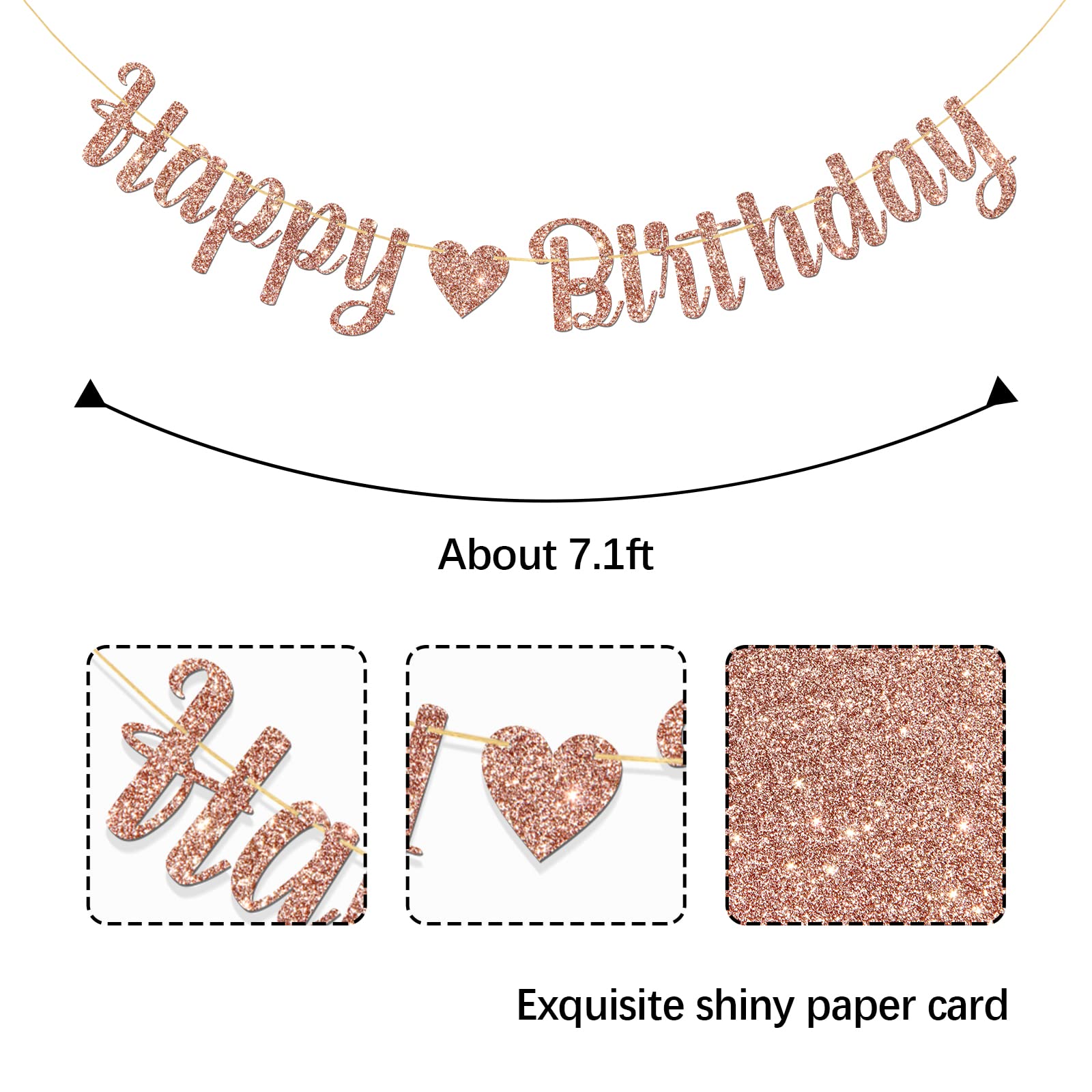 MonMon & Craft Happy Birthday Banner / Children Adults Boys Girls Birthday Party Decor / Birthday Party Decorations Rose Gold Glitter