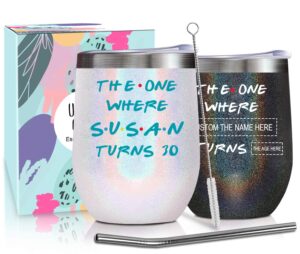personalized birthday wine cup gifts with names ages for women mom daughter aunt sister grandma nana gigi 12oz custom birthday wine tumbler with lid straw bday presents for friends female