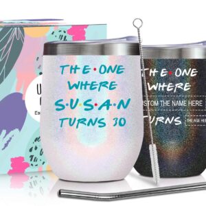 Personalized Birthday Wine Cup Gifts with Names Ages for Women Mom Daughter Aunt Sister Grandma Nana Gigi 12oz Custom Birthday Wine Tumbler with Lid Straw Bday Presents for Friends Female