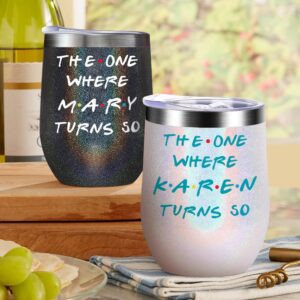 Personalized Birthday Wine Cup Gifts with Names Ages for Women Mom Daughter Aunt Sister Grandma Nana Gigi 12oz Custom Birthday Wine Tumbler with Lid Straw Bday Presents for Friends Female