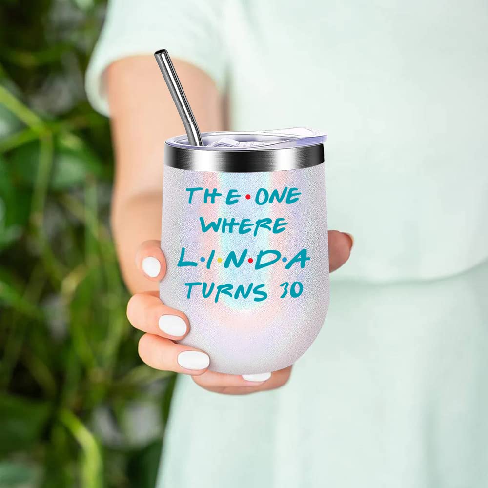 Personalized Birthday Wine Cup Gifts with Names Ages for Women Mom Daughter Aunt Sister Grandma Nana Gigi 12oz Custom Birthday Wine Tumbler with Lid Straw Bday Presents for Friends Female