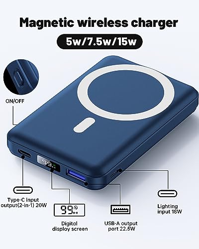 Yiisonger Magnetic Wireless Portable Charger, Foldable 10000mAh Battery Pack with USB-C Cable LED Display, Magnetic Power Bank 22.5W PD Fast Charging for iPhone 15/14/13/Pro/Mini/Pro Max (Blue)