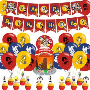 looney tunes party decorations, birthday party supplies for looney tunes party supplies includes birthday banner - cake topper - 12 cupcake toppers - 18 balloons