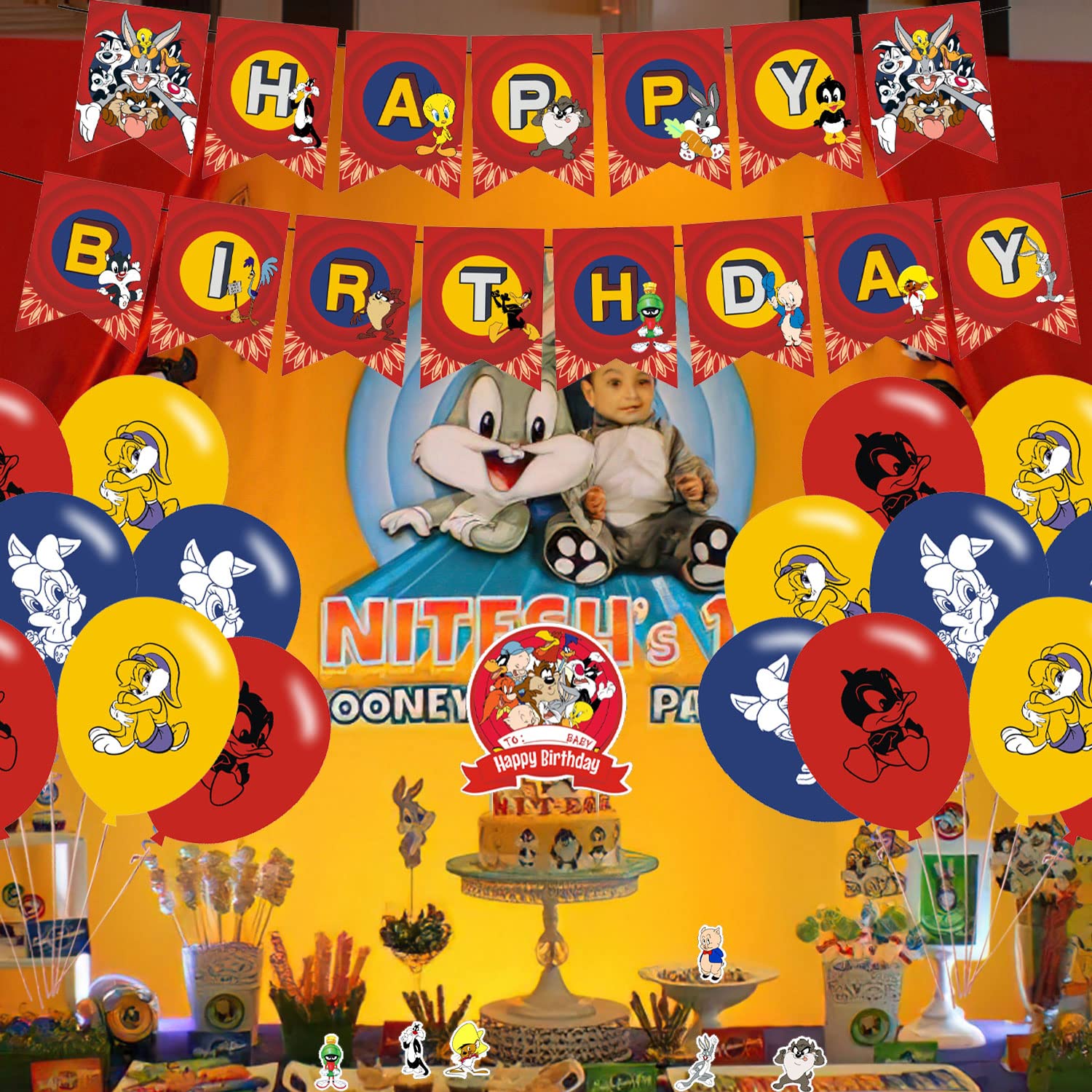 Looney Tunes Party Decorations, Birthday Party Supplies For Looney Tunes Party Supplies Includes Birthday Banner - Cake Topper - 12 Cupcake Toppers - 18 Balloons