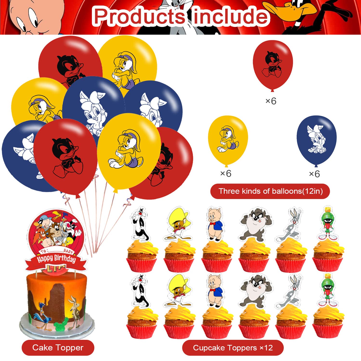 Looney Tunes Party Decorations, Birthday Party Supplies For Looney Tunes Party Supplies Includes Birthday Banner - Cake Topper - 12 Cupcake Toppers - 18 Balloons