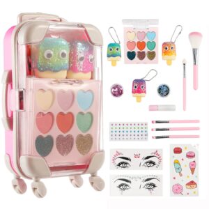 16pcs makeup set for girls with suitcase, eyeshadow palette, fruity flavors lip glosses, brushes, stickers and glitters in realistic suitcase toy for kids makeup ages 5+, non toxic & kids friendly
