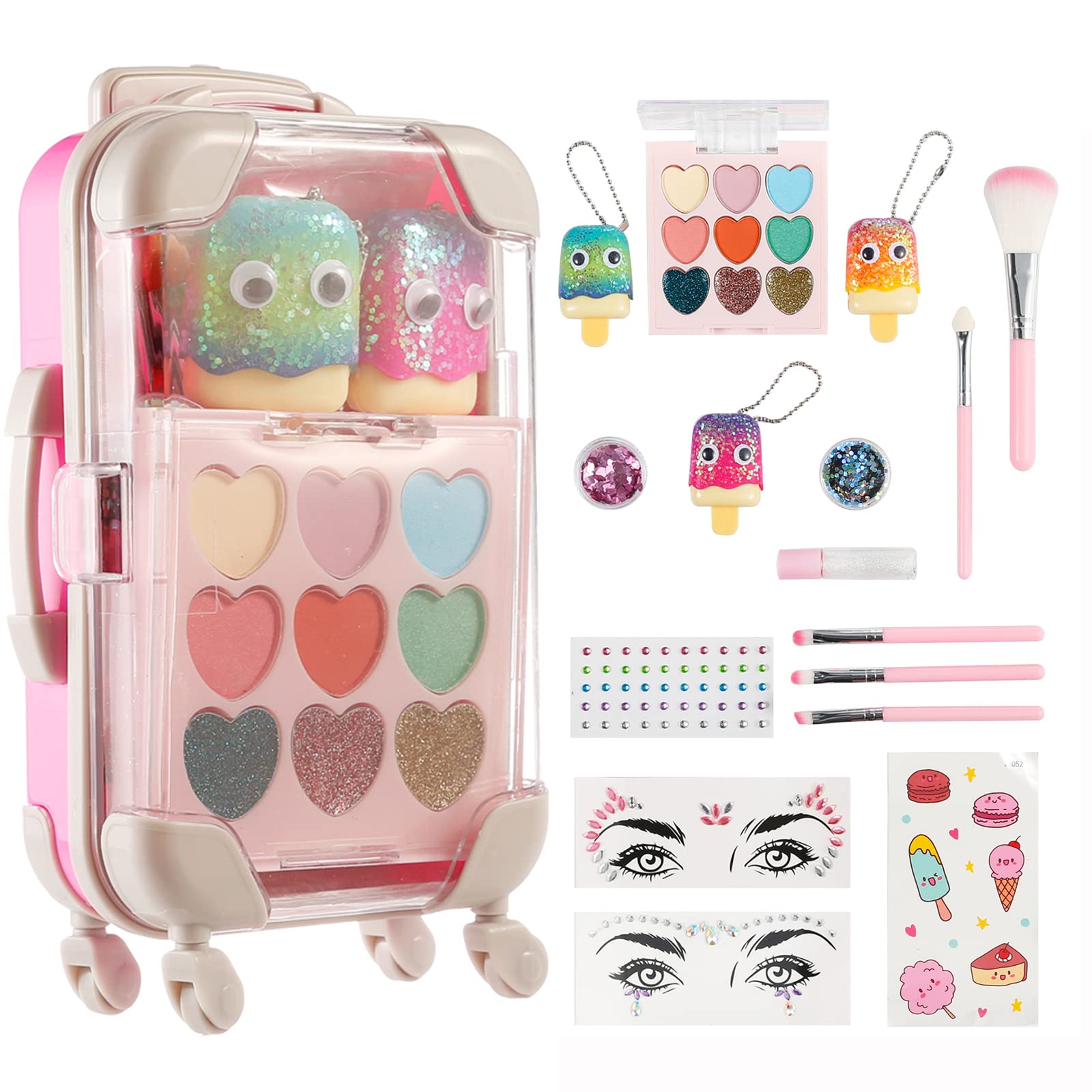 16Pcs Makeup Set for Girls with Suitcase, Eyeshadow Palette, Fruity Flavors Lip Glosses, Brushes, Stickers and Glitters in Realistic Suitcase Toy for Kids Makeup Ages 5+, Non Toxic & Kids Friendly