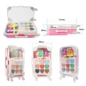 16Pcs Makeup Set for Girls with Suitcase, Eyeshadow Palette, Fruity Flavors Lip Glosses, Brushes, Stickers and Glitters in Realistic Suitcase Toy for Kids Makeup Ages 5+, Non Toxic & Kids Friendly