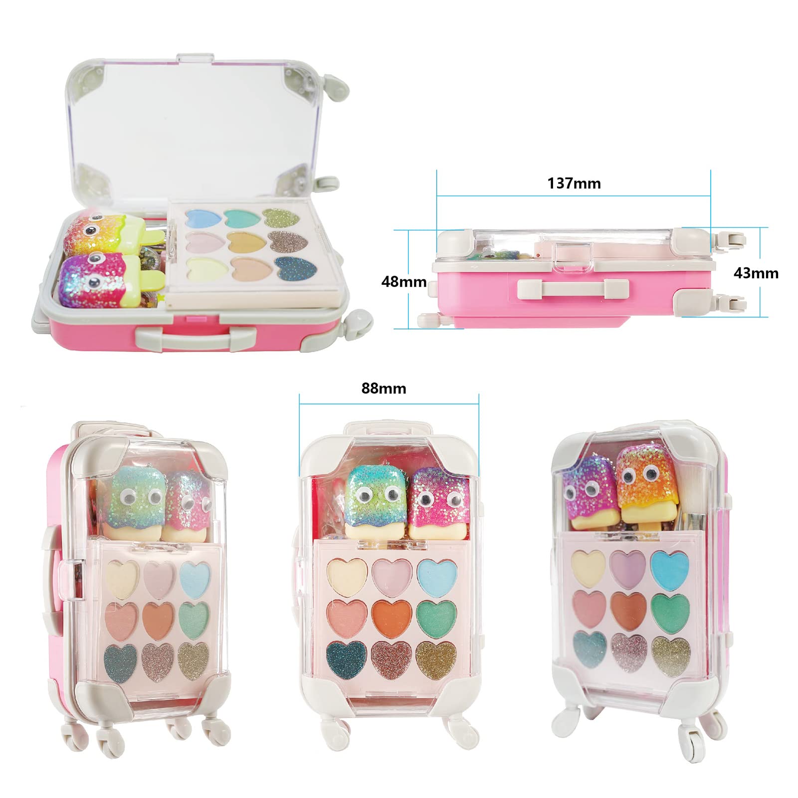 16Pcs Makeup Set for Girls with Suitcase, Eyeshadow Palette, Fruity Flavors Lip Glosses, Brushes, Stickers and Glitters in Realistic Suitcase Toy for Kids Makeup Ages 5+, Non Toxic & Kids Friendly