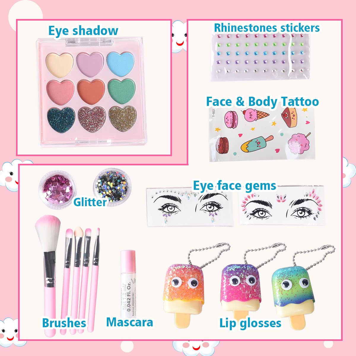 16Pcs Makeup Set for Girls with Suitcase, Eyeshadow Palette, Fruity Flavors Lip Glosses, Brushes, Stickers and Glitters in Realistic Suitcase Toy for Kids Makeup Ages 5+, Non Toxic & Kids Friendly