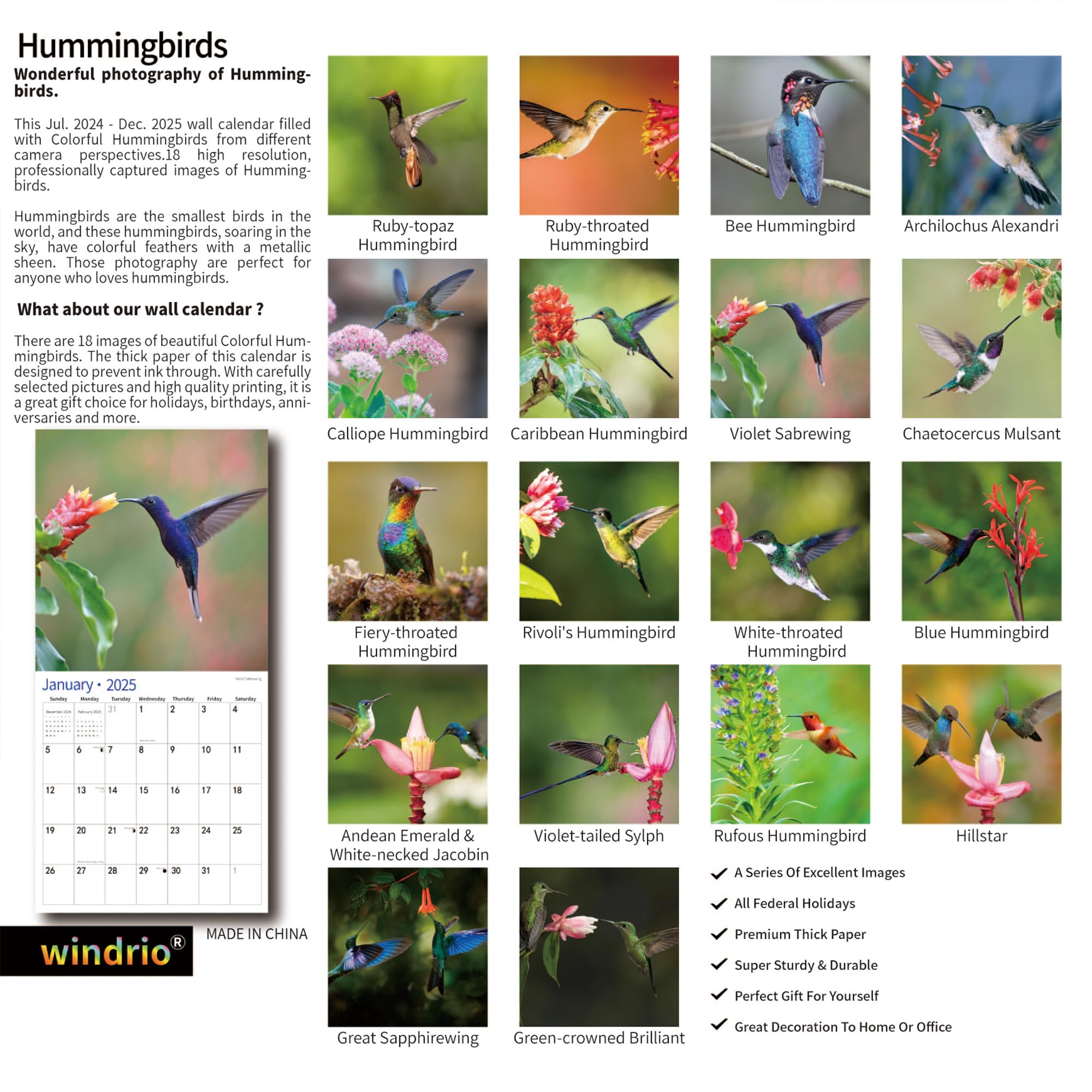 2024 Wall Calendar,Calendar 2024, November 2023 - December 2024, Wall Calendar Hummingbird, 12" x 24" Opened,Full Page Months Thick & Sturdy Paper for Gift Perfect Calendar Organizing & Planning