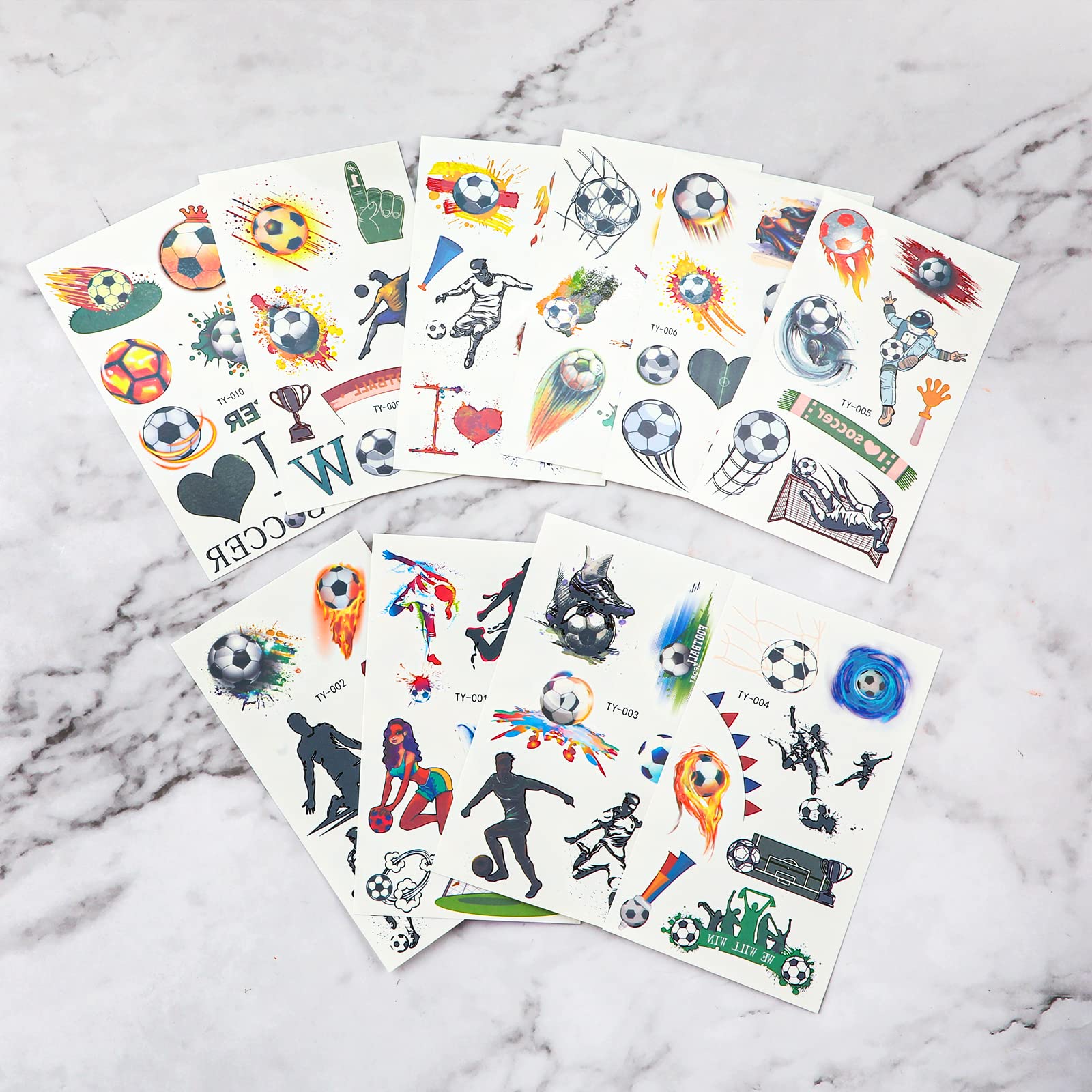 KINBOM 69pcs/10 Sheets Soccer Temporary Tattoos for Kids and Adults, Motivational Tattoo Stickers for Soccer Game Football Tattoos Temporary for Soccer Themed Party Birthday Party Favors