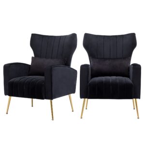 chairus wingback velvet accent chairs set of 2, modern living room armchairs comfy upholstered single sofa chair for bedroom dorms reading reception room with gold legs & small pillow, black