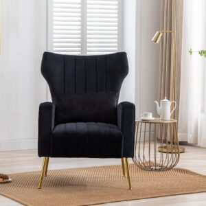 chairus Wingback Velvet Accent Chairs Set of 2, Modern Living Room Armchairs Comfy Upholstered Single Sofa Chair for Bedroom Dorms Reading Reception Room with Gold Legs & Small Pillow, Black