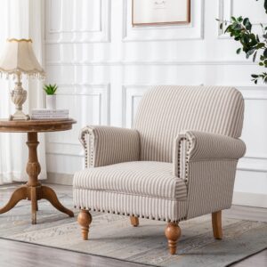 DM-Furnitue Wide Armchair Modern Linen Accent Chair Comfy Reading Chairs Upholstered Lounge Chair Single Sofa Couch for Bedroom/Living Room, Beige with Stripe