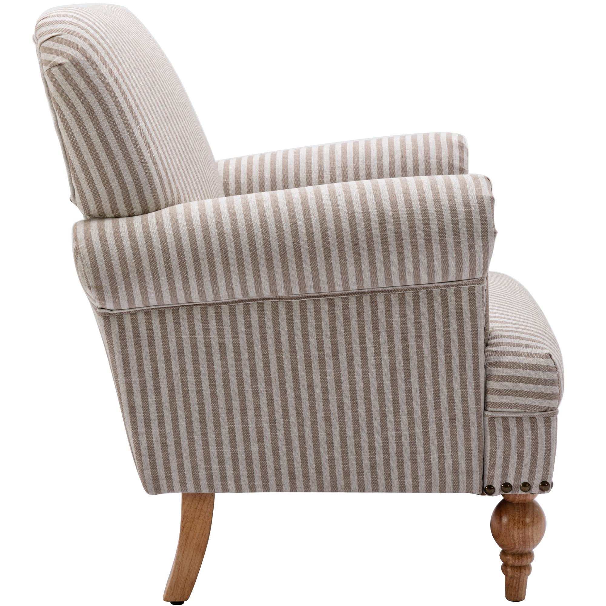 DM-Furnitue Wide Armchair Modern Linen Accent Chair Comfy Reading Chairs Upholstered Lounge Chair Single Sofa Couch for Bedroom/Living Room, Beige with Stripe