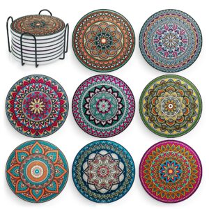 Mandala Drink Coasters with Holder - 8 Set Ceramic Boho Coaster for Drinks Absorbent with Cork Base and Black Holder - Coasters for Coffee Table Apartment Wooden Bar Mugs Glasses Cup Beer