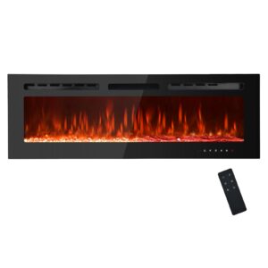anpuce 50 inch ultra-thin electric fireplace recessed and wall mounted with touch screen control panel/remote control/app control - timer,realistic 5 flame - log & crystal hearth options