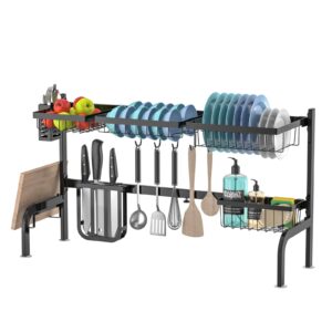 petsite over sink dish drying rack, 21"-39" length adjustable, 2-tier dish drainer for kitchen counter storage, with 4 baskets and 8 hooks, cutting board & utensil & knife holder, above sink dish rack