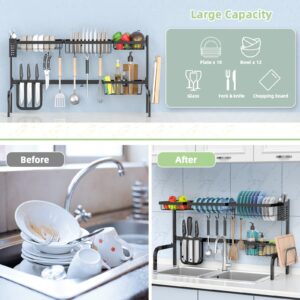 PETSITE Over Sink Dish Drying Rack, 21"-39" Length Adjustable, 2-Tier Dish Drainer for Kitchen Counter Storage, with 4 Baskets and 8 Hooks, Cutting Board & Utensil & Knife Holder, Above Sink Dish Rack