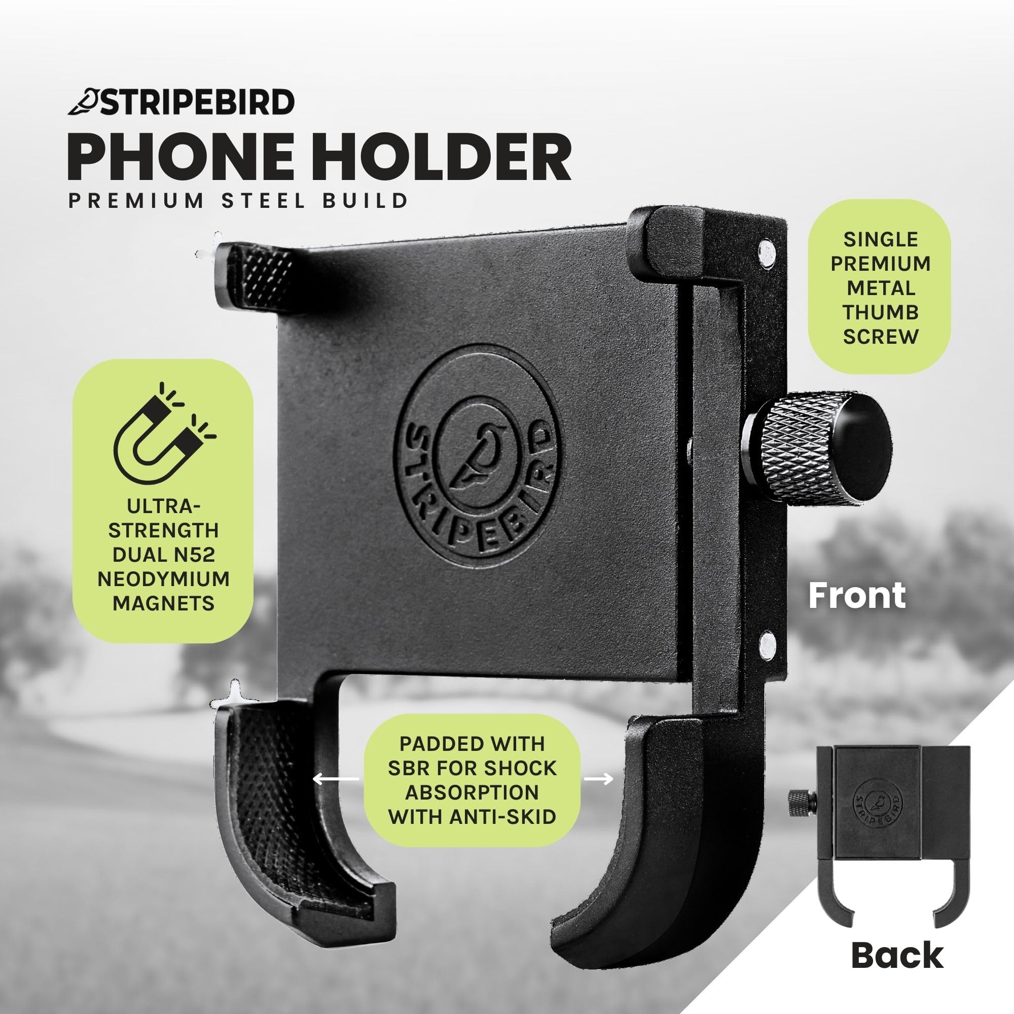 Stripebird - Original Magnetic Golf Cart Phone Holder (Black), Golf Caddy, Coolest Golf Cart Accessories, Cool Golf Gadgets, Slim Smartphone Mount