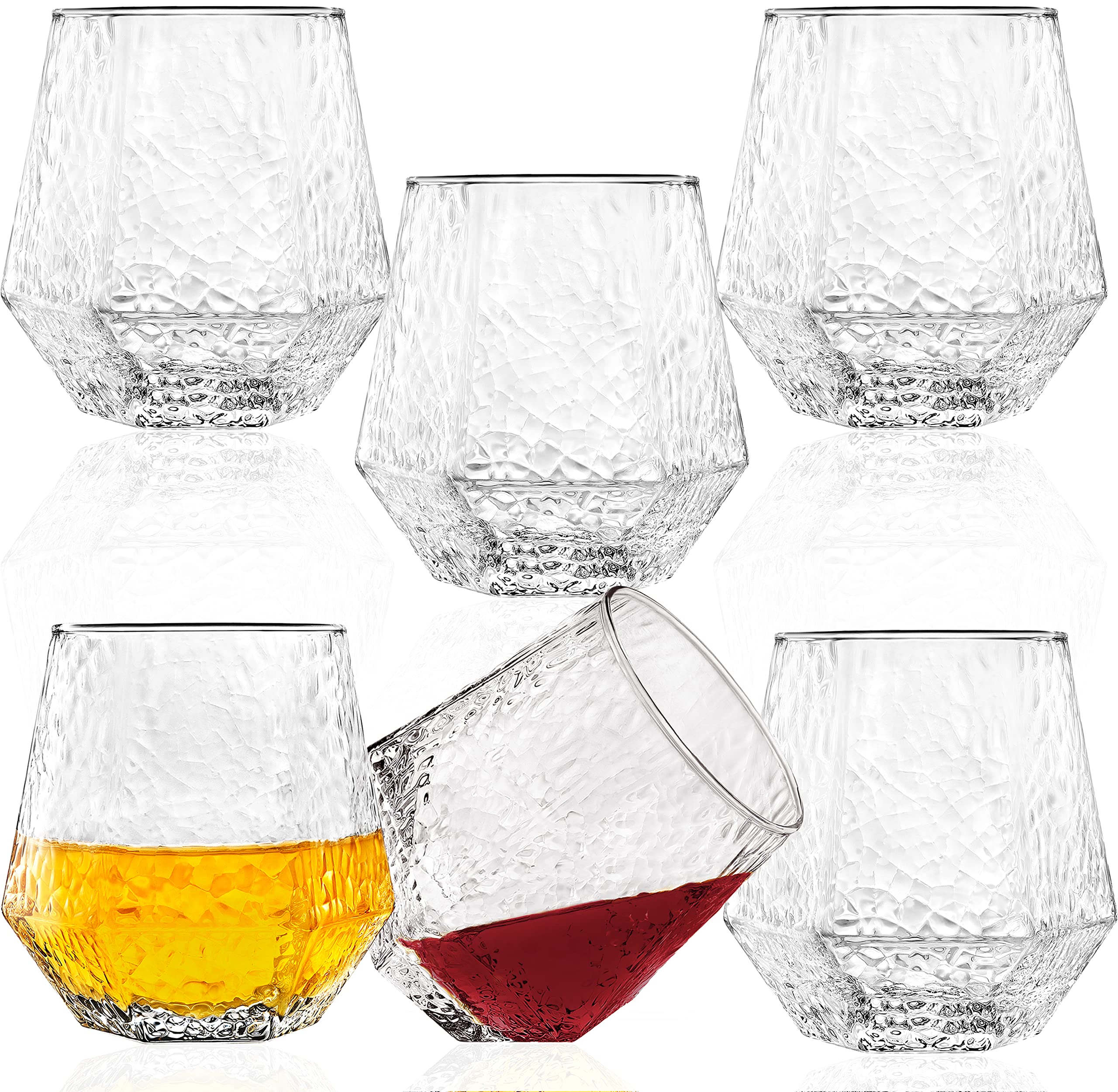 Diamond Glasses - Stemless Wine Glass Set of 6 - Geometric Tilting Design - Rolling Whiskey Glasses - Stem Less Anti Rocking Cup Diamonds Shaped - Tilted Glassware Drinking Tumblers for Wiskey/Wine