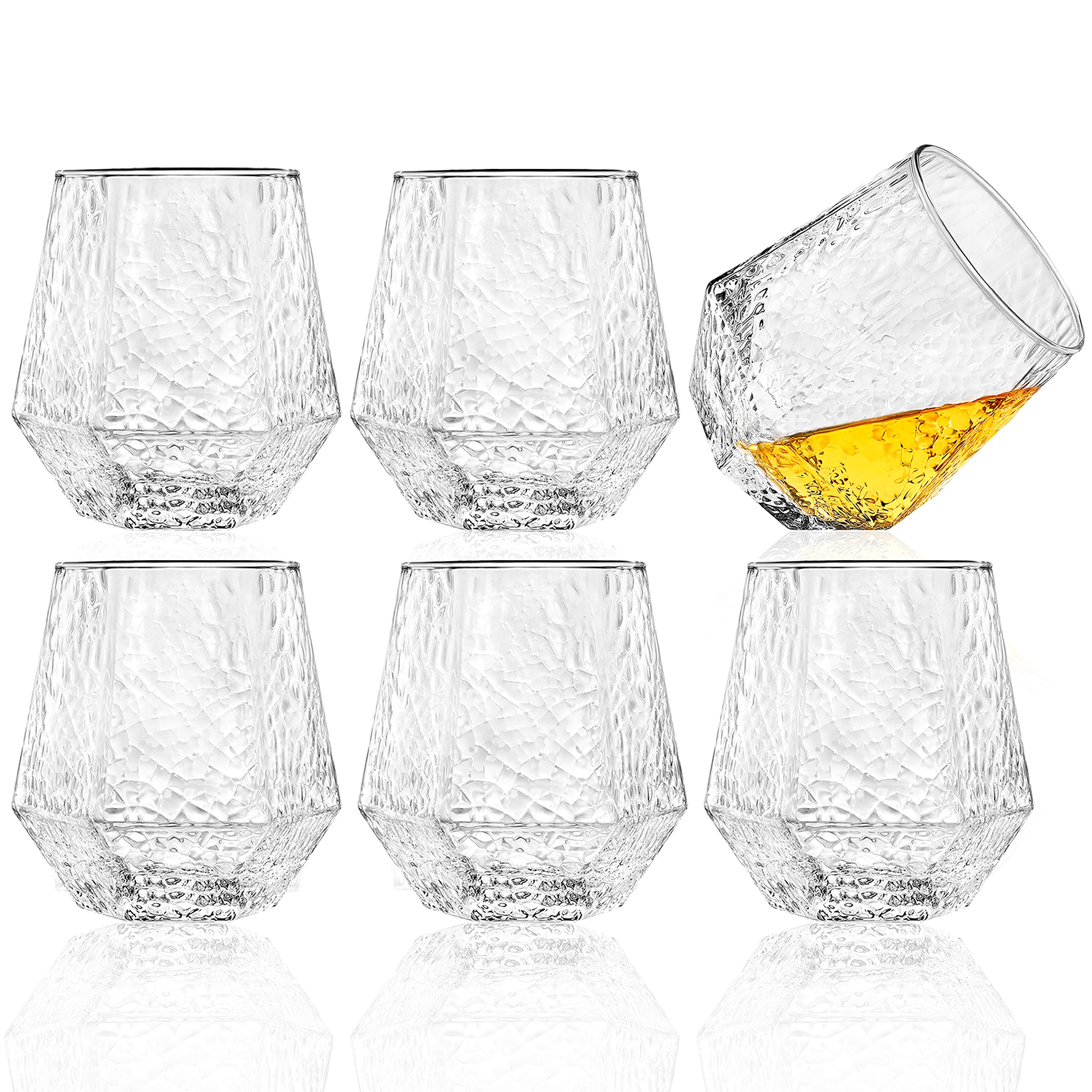 Diamond Glasses - Stemless Wine Glass Set of 6 - Geometric Tilting Design - Rolling Whiskey Glasses - Stem Less Anti Rocking Cup Diamonds Shaped - Tilted Glassware Drinking Tumblers for Wiskey/Wine