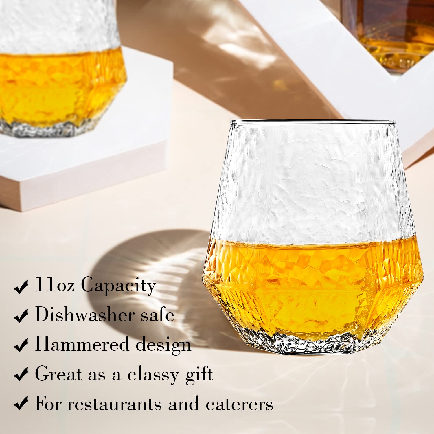 Diamond Glasses - Stemless Wine Glass Set of 6 - Geometric Tilting Design - Rolling Whiskey Glasses - Stem Less Anti Rocking Cup Diamonds Shaped - Tilted Glassware Drinking Tumblers for Wiskey/Wine