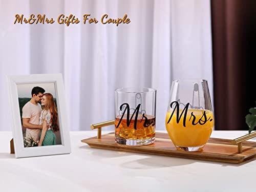 Engagement Gifts for Couple- Wine and Whiskey Mr and Mrs Gifts,Wedding Gifts for Couple,Mr and Mrs Glasses,Unique Bridal Shower Gift for Bride