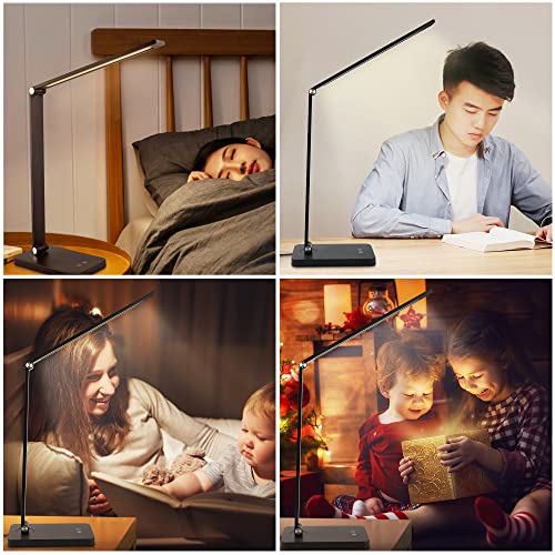 NUOVA GERMANY LED Desk Lamp Eye Protection, Foldable Touch Control Lamp for Kids Room, Office, with USB Charging Port, Dimmable, 5 Lighting White Modes 2800K-6500K (Black)