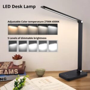 NUOVA GERMANY LED Desk Lamp Eye Protection, Foldable Touch Control Lamp for Kids Room, Office, with USB Charging Port, Dimmable, 5 Lighting White Modes 2800K-6500K (Black)