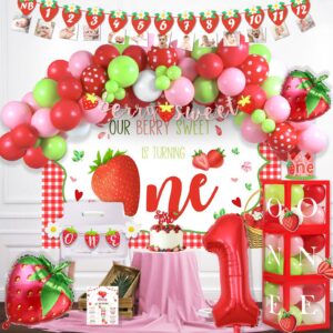 hombae strawberry 1st birthday party decorations, berry sweet one berry first birthday party decorations backdrop balloon garland glitter high chair banner boxes crown poster pink white red