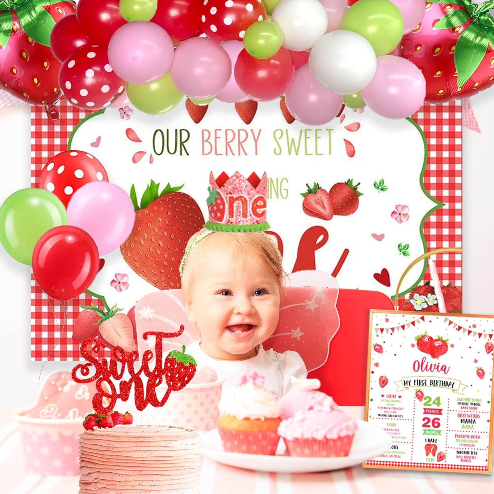 Hombae Strawberry 1st Birthday Party Decorations, Berry Sweet One Berry First Birthday Party Decorations Backdrop Balloon Garland Glitter High Chair Banner Boxes Crown Poster Pink White Red