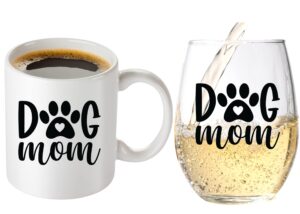 dog mom gifts for women - funny dog mom wine glass & coffee mug for mother’s day, christmas gift, best friend gift, birthday’s, grandma