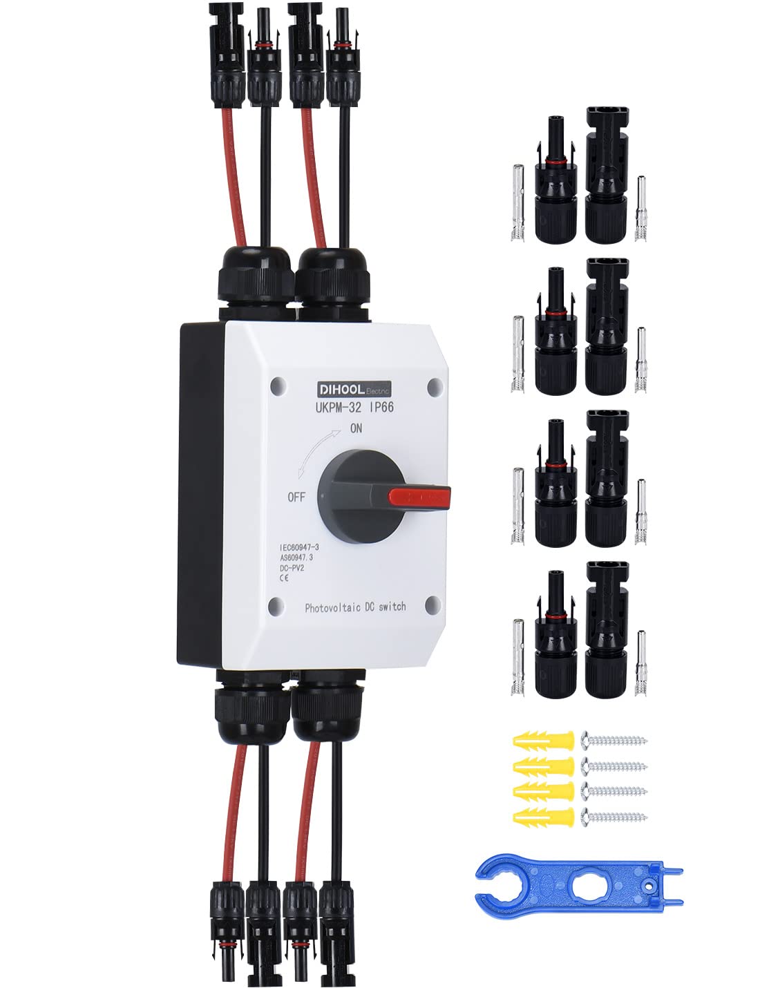 DIHOOL Solar Panel Disconnect Switch, 2x32 Amp 2 String DC 1200V 2 in 2 Out, IP66 PV Combiner Box