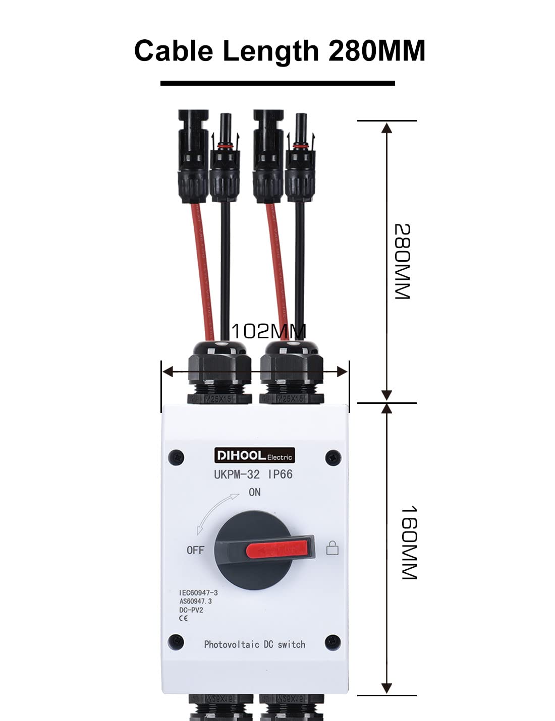 DIHOOL Solar Panel Disconnect Switch, 2x32 Amp 2 String DC 1200V 2 in 2 Out, IP66 PV Combiner Box