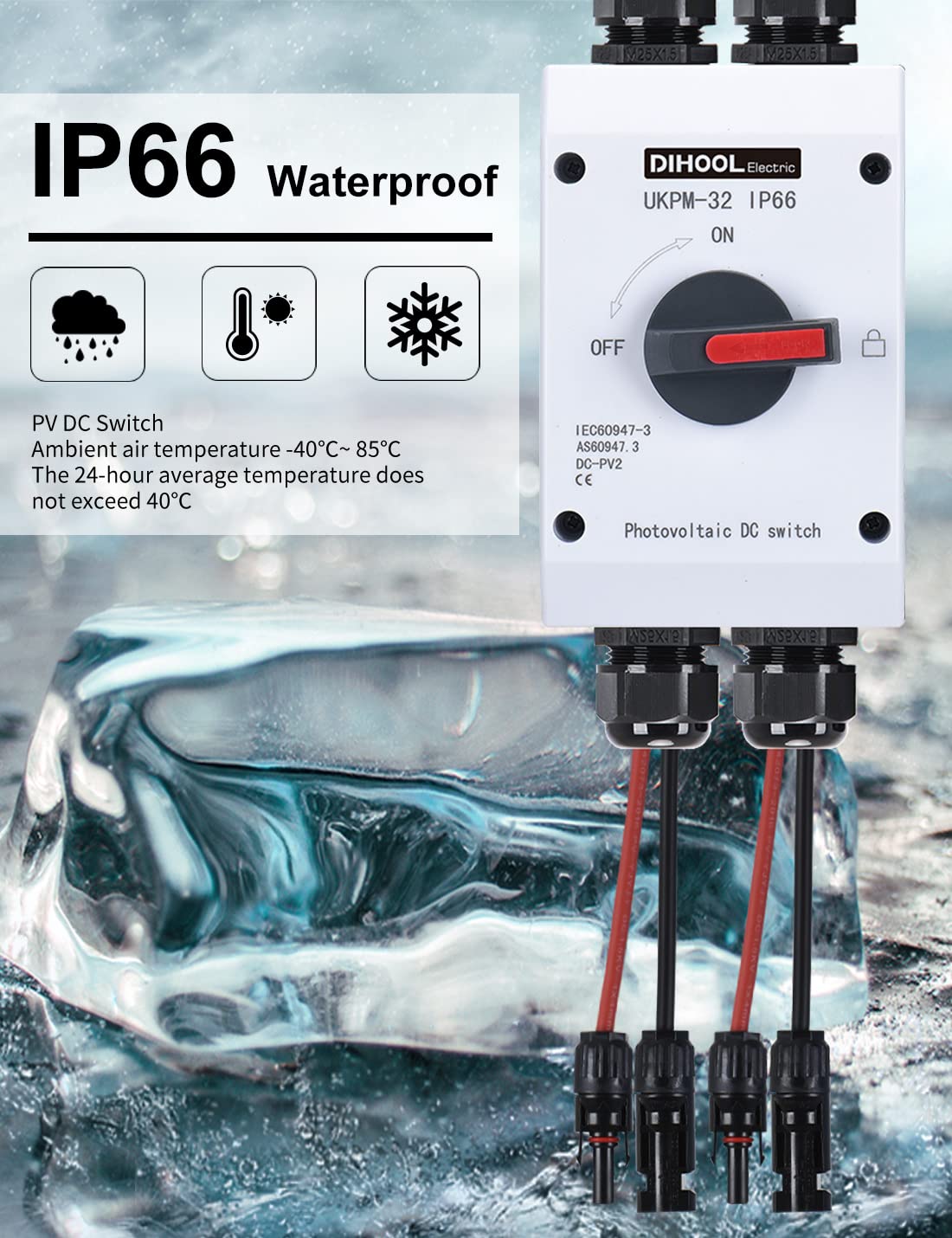 DIHOOL Solar Panel Disconnect Switch, 2x32 Amp 2 String DC 1200V 2 in 2 Out, IP66 PV Combiner Box