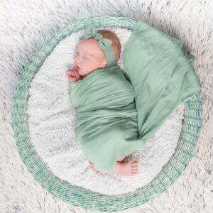 Tudomro 9 Pieces 3 Sets Newborn Swaddle Set with Hat Headband Cotton Baby Swaddle Blanket Newborn Swaddle Wrap Receiving Blanket for Baby Girl Boy, 31.5" x 31.5", Green, Dark Green, Blue