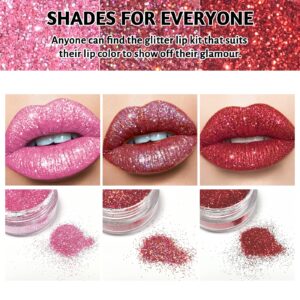 FREEORR 3 Colors Glitter Lip Kit, Diamond and Glitter Metallic Lip Powder with Lip Primer, Waterproof Long Lasting & Smudge Proof, Shimmer Sparkly Glitter Lip Cosmetic without Sticky Flake Off Set A