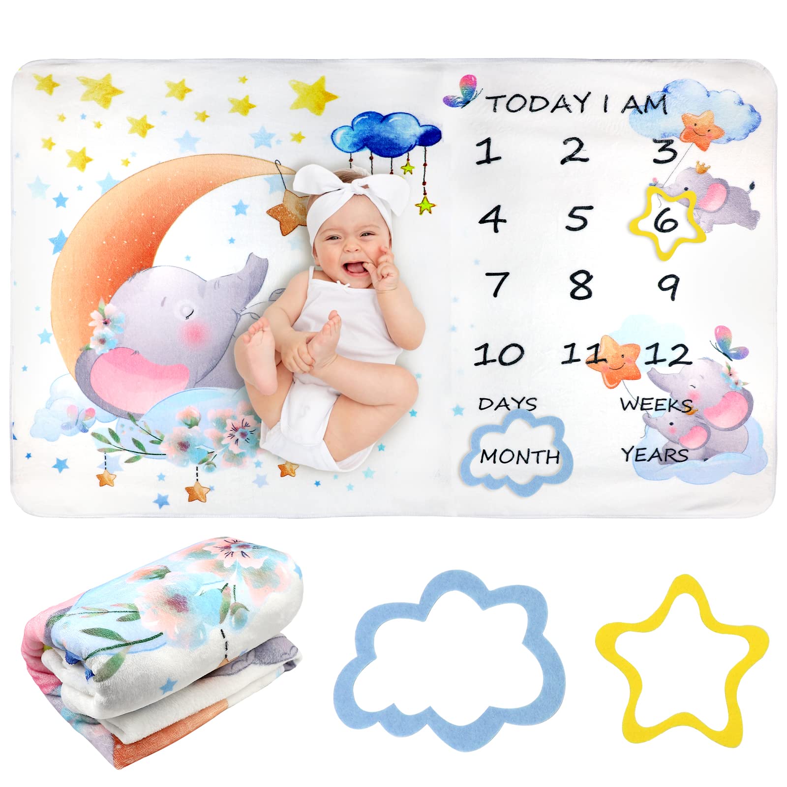 60" X 40" Elephant Baby Monthly Milestone Blanket Soft Fleece Newborn Month Blankets Infant Photography Background Prop Mat Ideal for Baby Girls