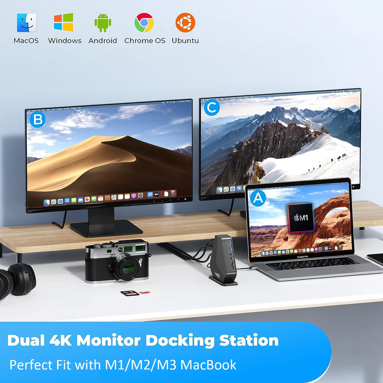 DisplayLink Docking Station 3 Monitors with 65W Power Supply, 4URPC Triple 4K Display Docking Station for MacBook Pro/Air, Dell HP Lenovo Surface Acer, with 2 HDMI, DP, 6 USB, Gigabit Ethernet, SD/TF